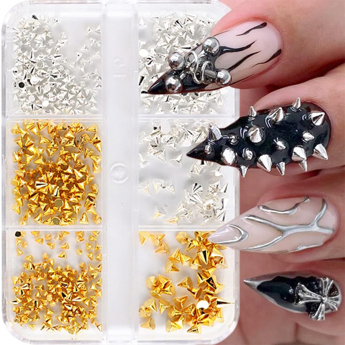 Mini Metall Nieten Punk Nail Charms Goud Zilver Strasssteine ​​Nägel Charm Kegel Spikes Nagelschmuck Glitzersteine ​​Nail Art Studs Nagel Steine ​​Legierung Nagelanhänger Rhinestones Nageldesign Zubehör