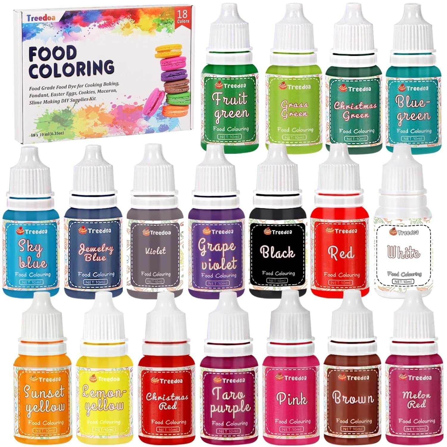 Vloeibare kleurstofset, 18 kleuren x 10 ml, sterk geconcentreerde kleurstof voor het bakken van taarten, koekjes, macarons, taartdecoratie, paaseieren, fondant, deeg, doe-het-zelf-slijm, zepen, bakaccessoires