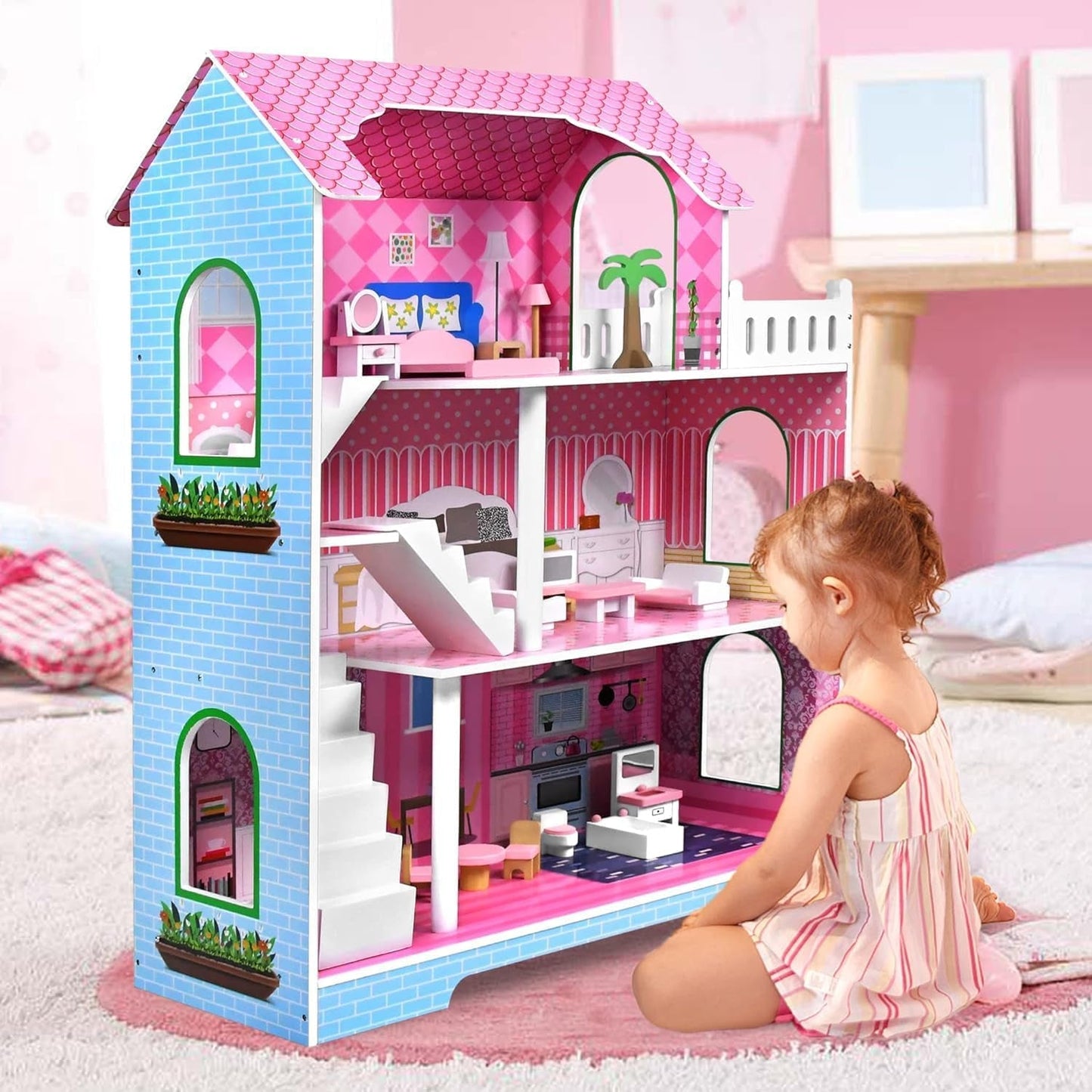 HENGMEI Puppenhaus Kinder Holz Puppenvilla poppenhuisset Mädchen Spielset 3 Etagen Haus mit Möbeln und Zubehör, 70x30x100cm Puppenhäuser für Kinder (Typ B)