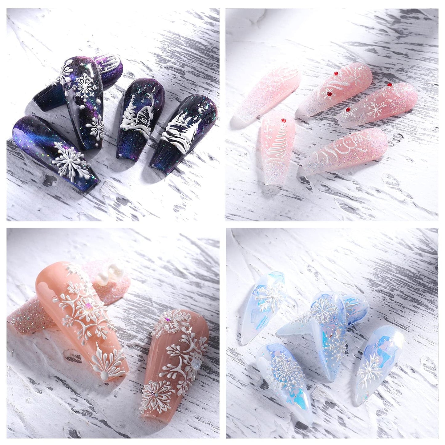 4 Blatt 3D Nagelsticker Weihnachten Nagelaufkleber Christmas 5D Stereoskopisch Selbstklebend Schneeflocke Schneemann Nail Art Sticker Decoratie Nageldesign Zubehör