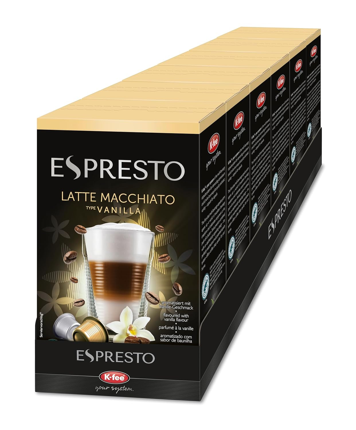 ESPRESTO Latte Macchiato Type Vanille, compatibel met K-fee & ALDI EXPRESSI*, RFA gecertificeerd, zoet & harmonieus, 48 ​​koffiecapsules & 48 melkcapsules