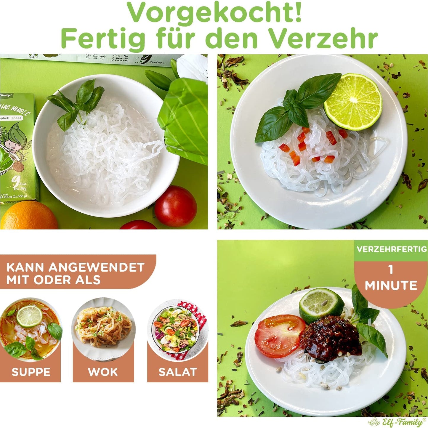 Elf-Family 6 Dozen (12 Stuks) Biologische Konjac Shirataki-noedels met ultralaag koolhydraatgehalte Veganistisch Glutenvrij - 1,62 kg, geen koolhydraten/Keto/laag in calorieën/vetvrij/suikervrije instantnoedels - Spaghetti en Fettuccine
