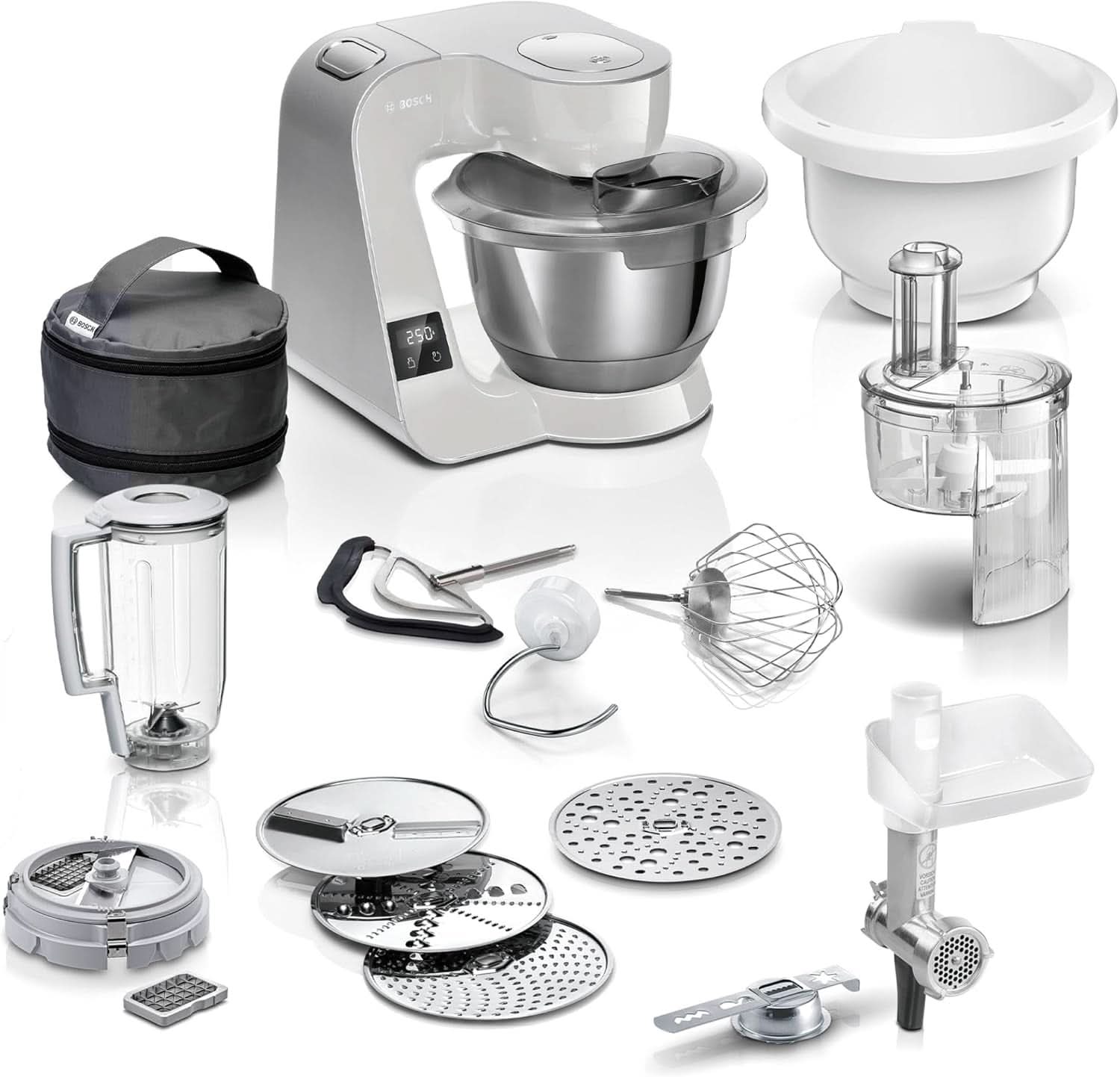 Keukenmachine Bosch Series 4 MUM5X720, geïntegreerde weegschaal, roestvrijstalen kom 3,9L, mixer 1,25L, 1000W Accessoires Voeding en borstvoeding Baby Naty Shop Single Zilvergrijs 6 accessoires