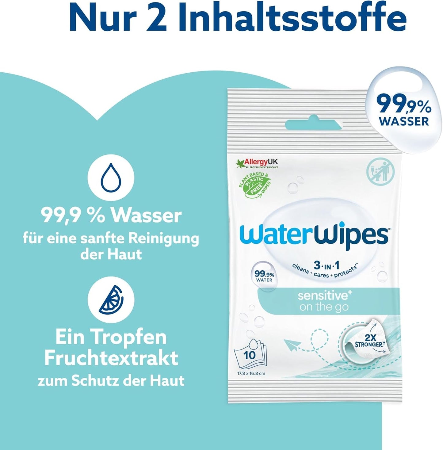 WaterWipes Sensitive+ Vochtige doekjes voor onderweg, 100 doekjes (10 stuks), 3 in 1 Reinigt, verzorgt, beschermt, 99,9% water, geurvrije doekjes