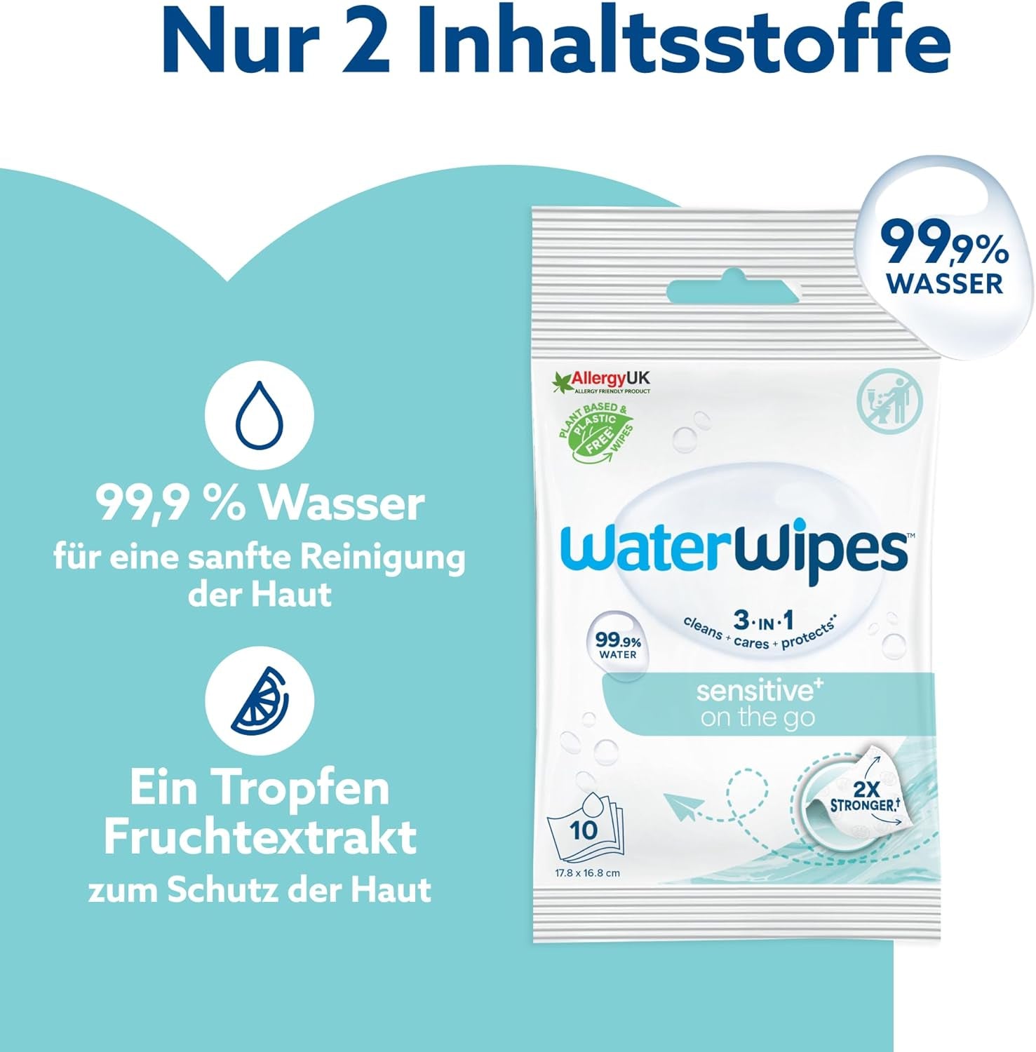 WaterWipes Sensitive+ Vochtige doekjes voor onderweg, 100 doekjes (10 stuks), 3 in 1 Reinigt, verzorgt, beschermt, 99,9% water, geurvrije doekjes