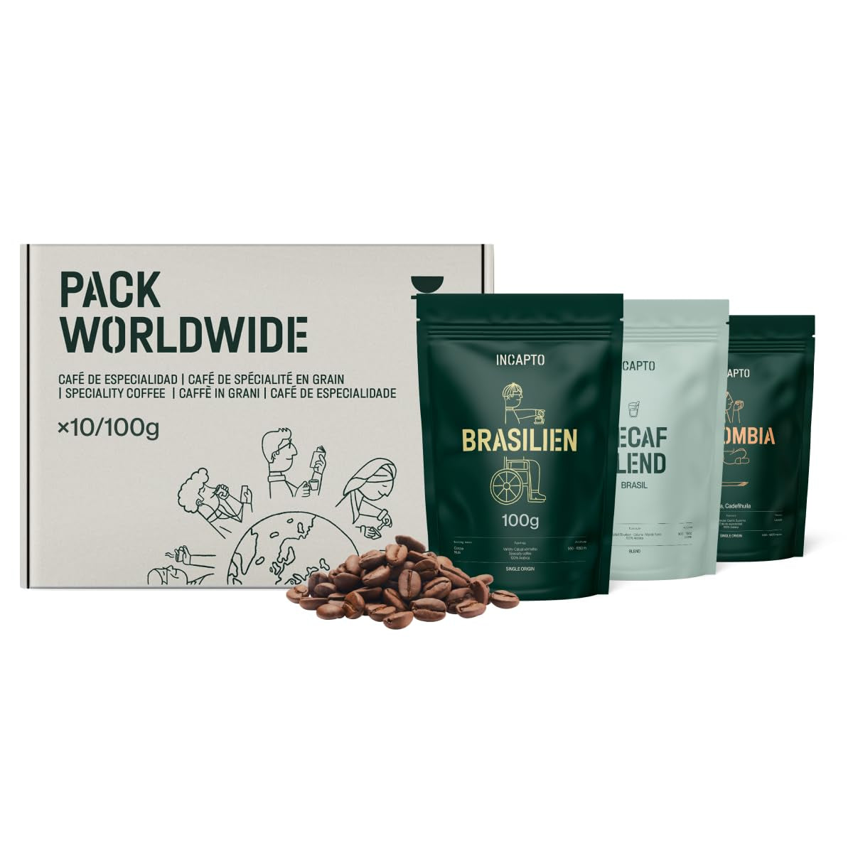 Selectie van Incapto koffiebonen wereldwijd | Selectie van 10 origines uit de hele wereld | Koffiespecialiteit | 100% Arabica | Ideaal als koffiecadeauset | Voor koffieliefhebbers | 10 pakken van 100 g