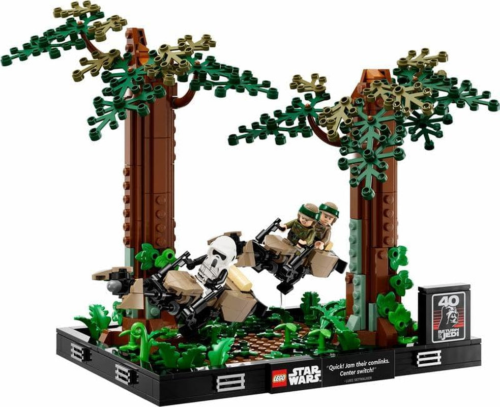 LEGO 75353 Star Wars Pursuit on Endor - Dioramaset, Return of the Jedi met Luke Skywalker, Princess Leia & Scout Trooper en Speeder Bikes, bouwsets ter ere van het 40-jarig jubileum Besuche in LEGO-Store