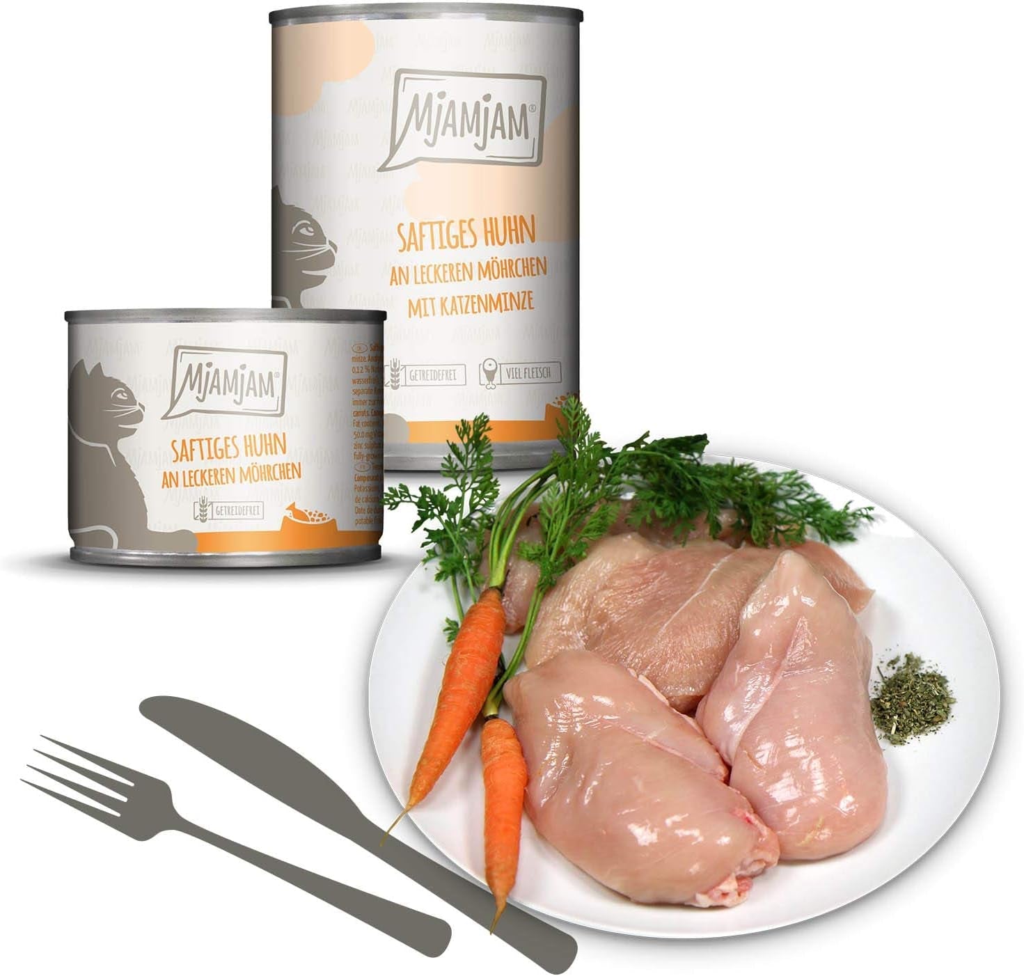 MjAMjAM - Premium Natvoer voor katten - Gemengd pakket I - Kip, Rundvlees, Harten, 6 stuks (6 x 200 g), graanvrij met extra vlees