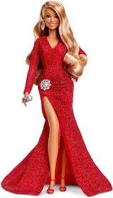 Barbie Mariah Carey - Verzamelpop met sprankelende rode jurk, ruches, split, charmante krullen, zilveren accessoires, rode hoge hakken, kersttraditie, decoratie, HJX17