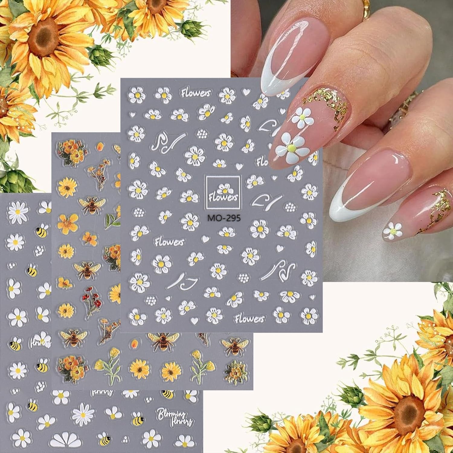 3 Stück Nagelsticker Set-Zelfklevende Nagelfolie Met Blumen- en Bienenmotifen-Nail Art Sticker Für Kreatives Nageldesign-Nageltattoos en Zubehör