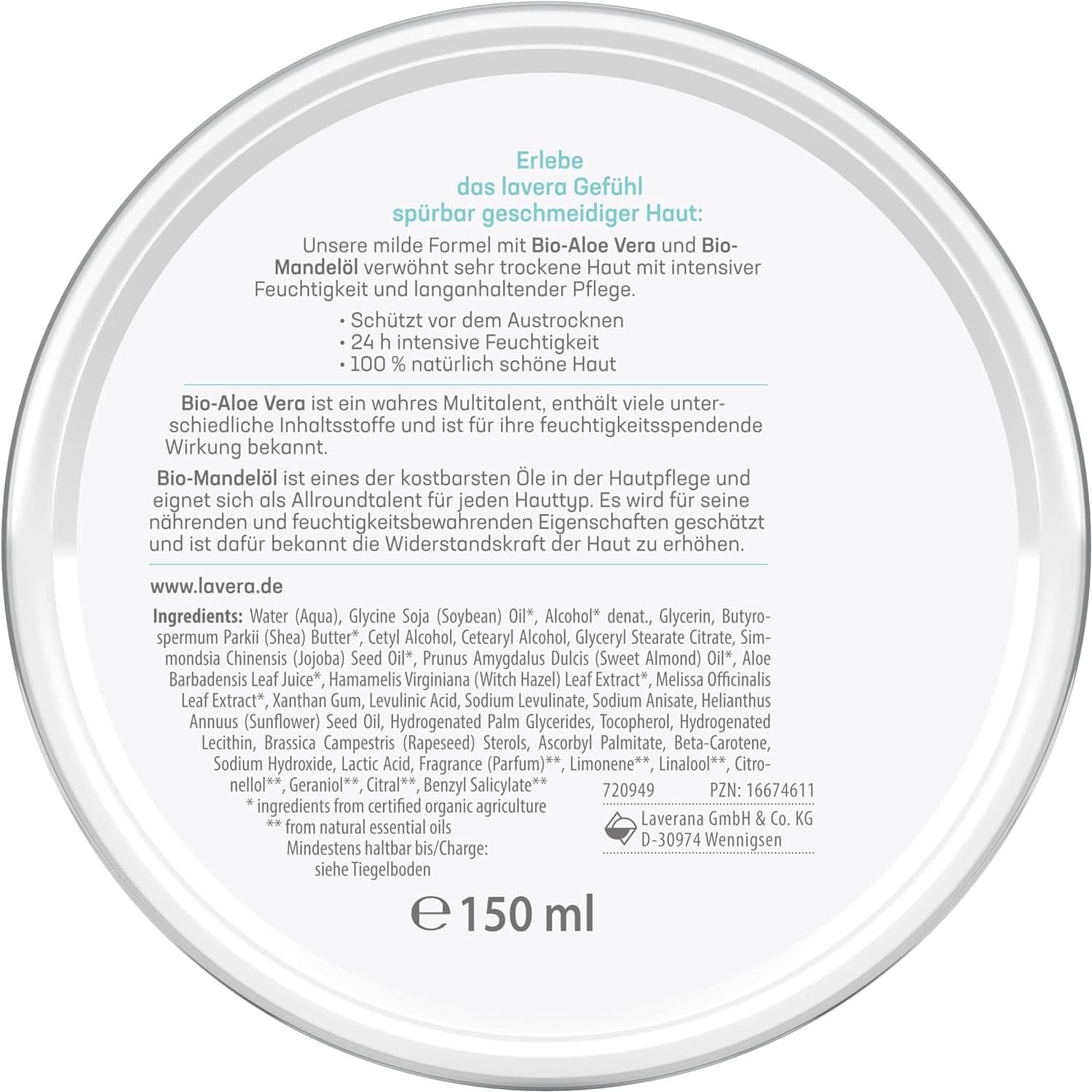 Lavera Basis Sensitiv, intensieve verzorging voor de droge huid met Aloë Vera en amandelolie, 150 ml Naty Shop