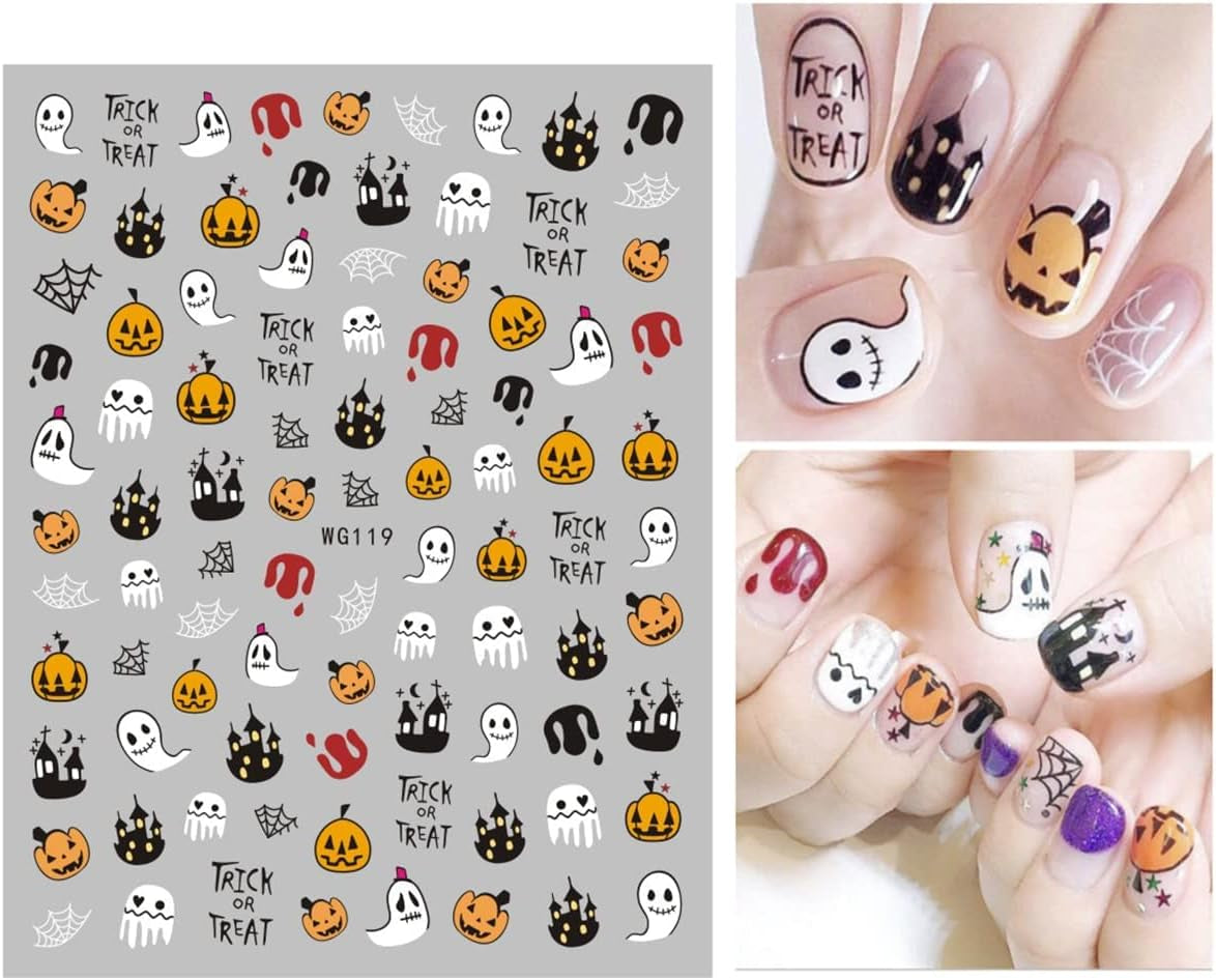8 Blatt Nagelsticker Halloween Nagelstickers Selbstklebend Niedliches Kürbis-Schädel-Spinnennetz Niedlichen Kinder Geist Nail Art Sticker Decoratie Nageldesign Zubehör