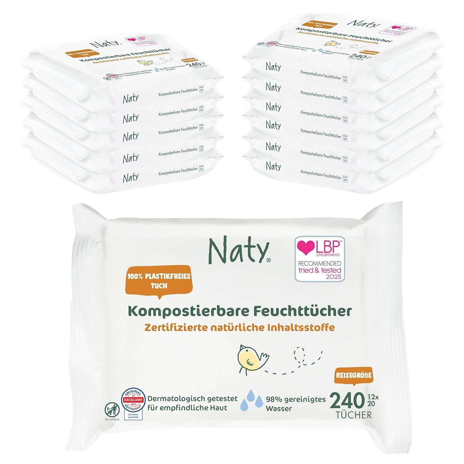 Naty Babydoekjes | 100% kruiden- en geurvrij voor de gevoelige huid | Plasticvrije en gecertificeerde composteerbare doekjes met 98% gezuiverd water | 672 doekjes (12 pakjes)