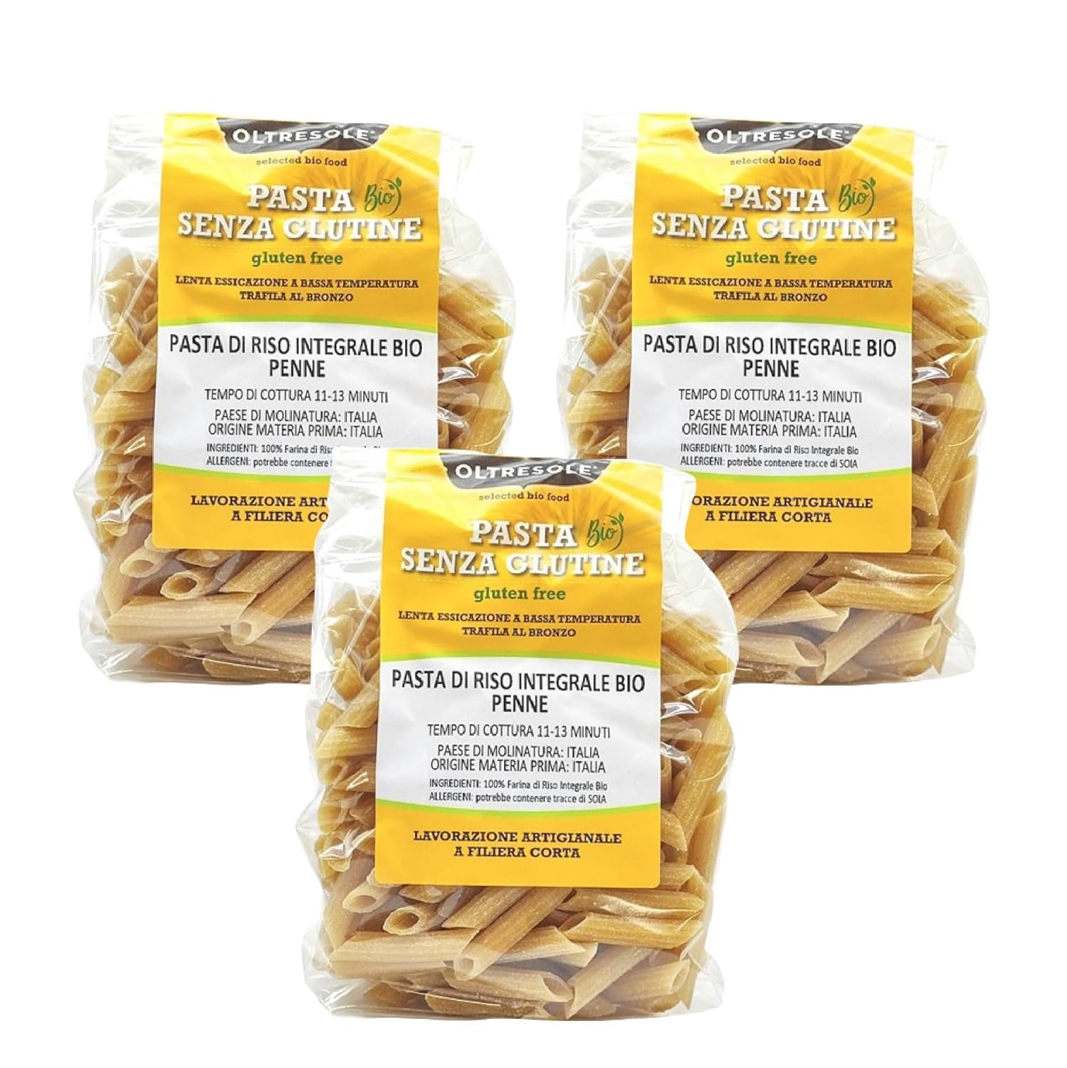 - Paste di Riso Integrale Biologica Italiana Glutenvrij, Penne Formaat - glutenvrije pasta, 100% biologisch volkoren rijstmeel, rijk aan vezels, veganistisch, verpakking van 3 verpakkingen van 350 g