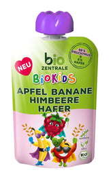 biocentral BioKids Fruitpuree Appel Banaan Frambozen Haver | 12 x 90 g | Fruitige snack zonder toegevoegde suiker | Veganistisch