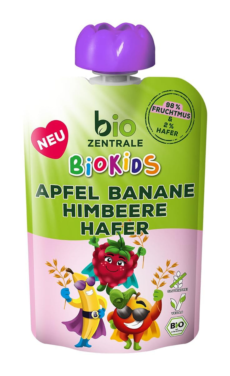 biocentral BioKids Fruitpuree Appel Banaan Frambozen Haver | 12 x 90 g | Fruitige snack zonder toegevoegde suiker | Veganistisch