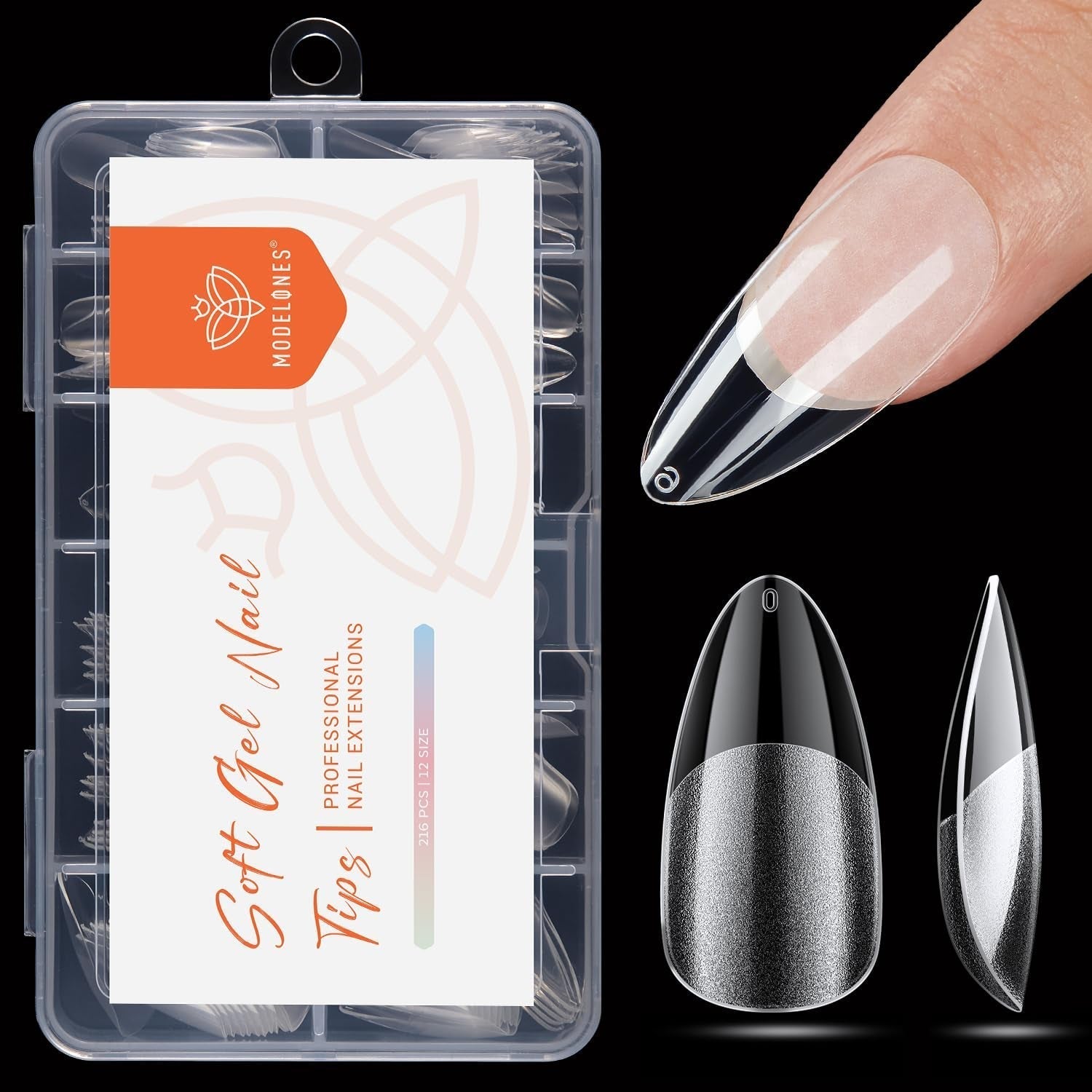 Modelones nageltips 216 stuks - volledige dekking nageltips set, zachte gel tips set, pre-polijsten PMMA hars nageltips, doe-het-zelf lijm op nail art kunstnagels, korte amandelen XS