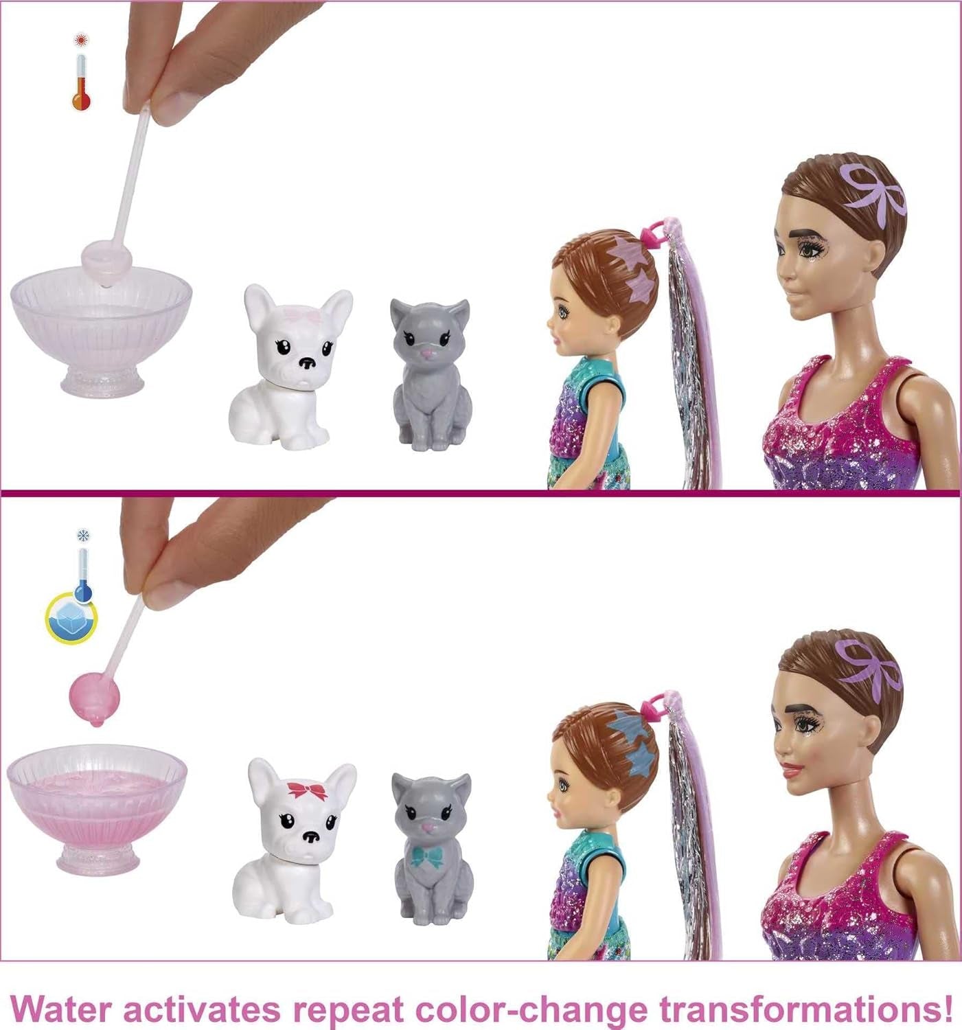 Barbie GXJ88 - Color Reveal Surprise Party, +50 verrassingen: 1 pop, 1 Chelsea pop, 2 dieren, 6 kleurveranderingen, accessoires en meer, dansfeestset, speelgoedcadeau voor kinderen vanaf 3 jaar