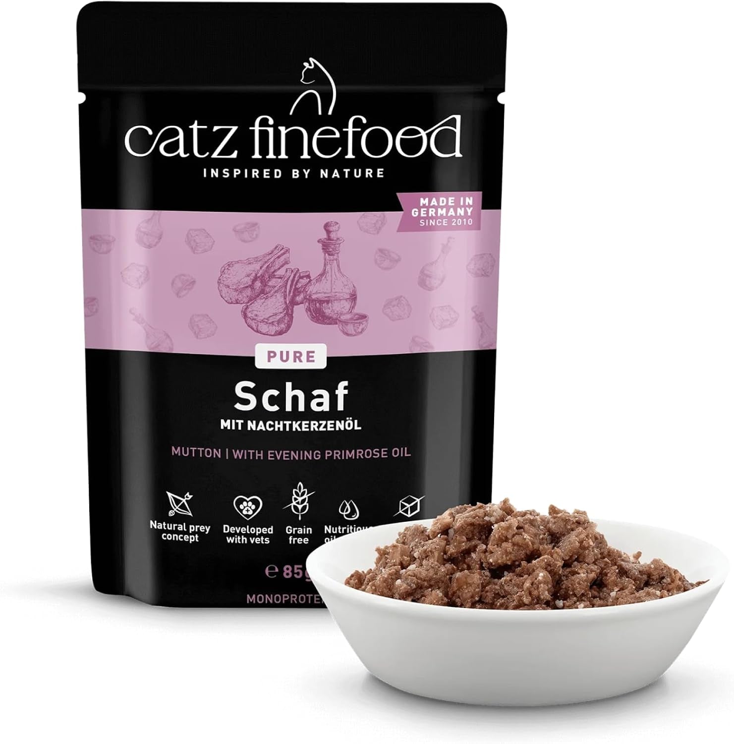 Natvoer voor katten Catz Finefood Purrrr Schaap Monoproteïne nr. 113, voor katten met een gevoelige spijsvertering, 70% vleesgehalte, 16 zakjes à 85 g