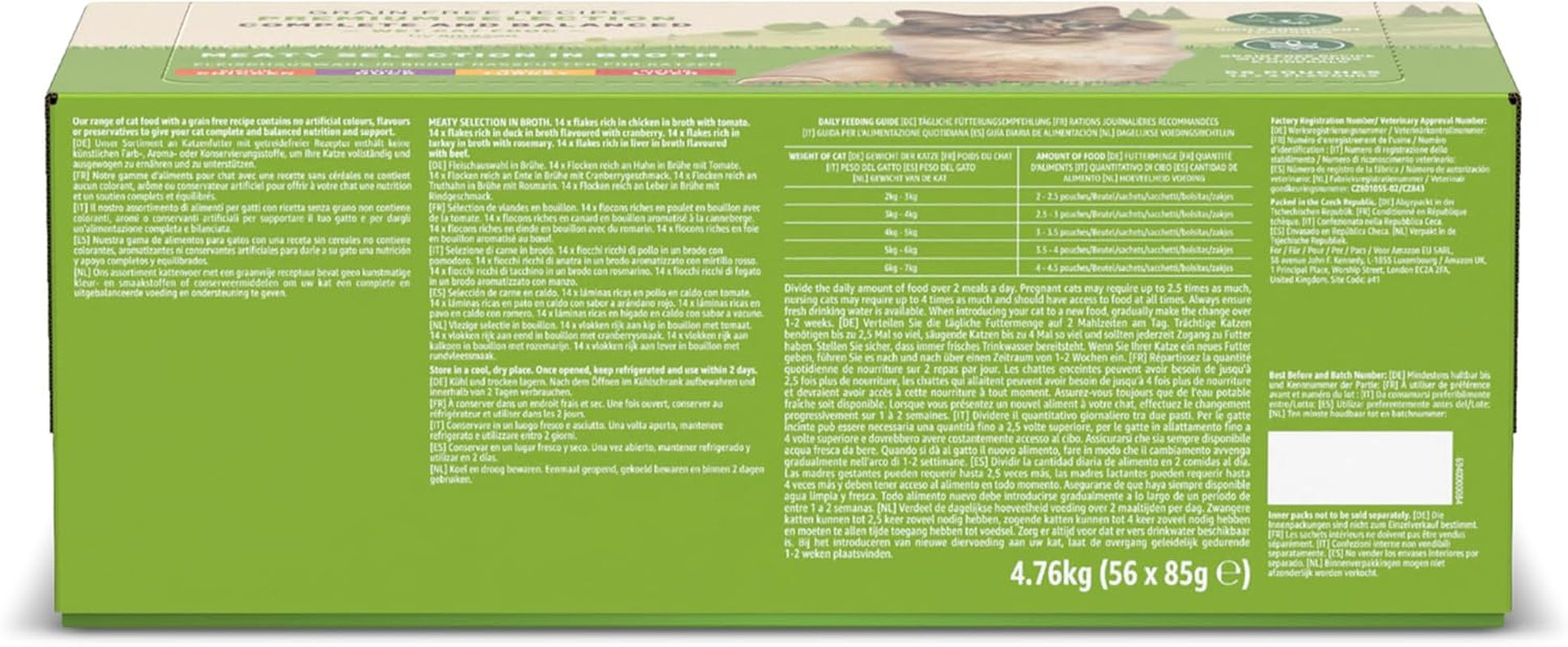 Amazon Graanvrij nat kattenvoer voor volwassen katten Vleesselectie in bouillon 4,76 kg 56 verpakkingen van 85 g (voorheen levenslang)