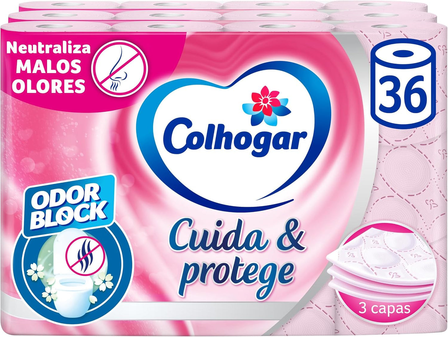 Colcasa Care & Protect 3 x 12 toiletpapier met geurbloktechnologie, neutraliseert slechte geuren, verpakking van 36 rollen, 3-laags, fris geurende roze rollen