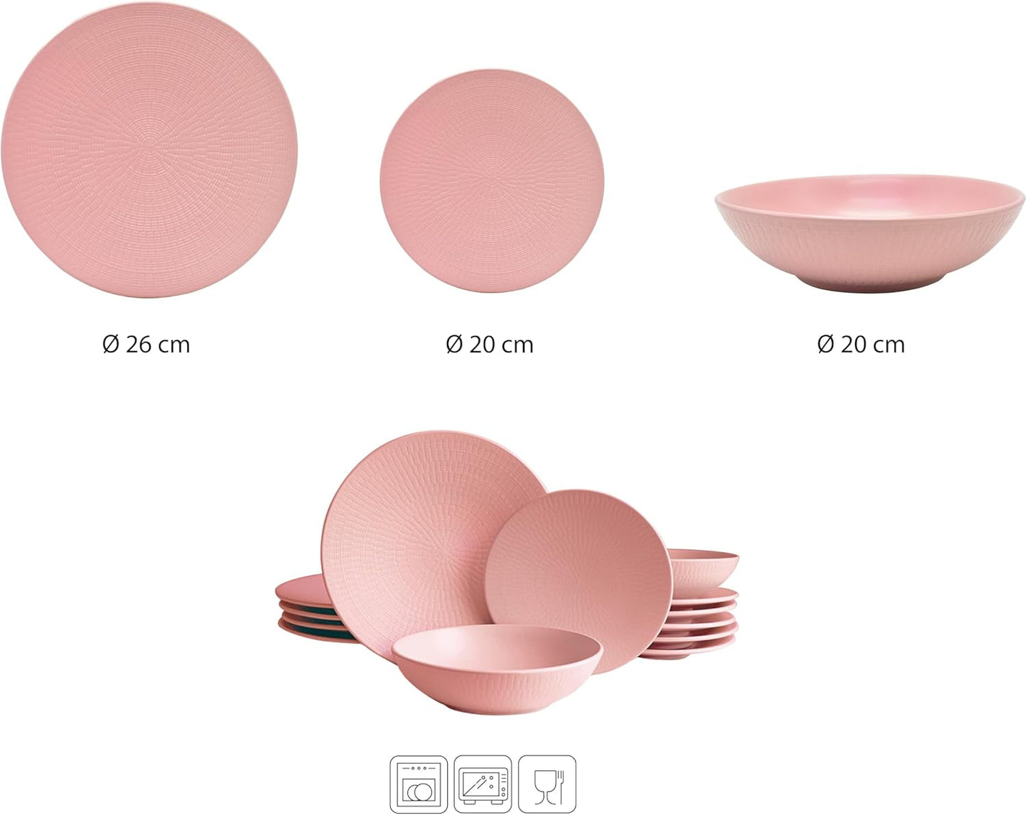 ECHTWERK Vintage serviesset 12-delig natuurlijk design "Blanka" 4-persoons elegant getextureerd steengoed serviesset met 4 dinerborden 4 zijborden 4 dinerborden roze