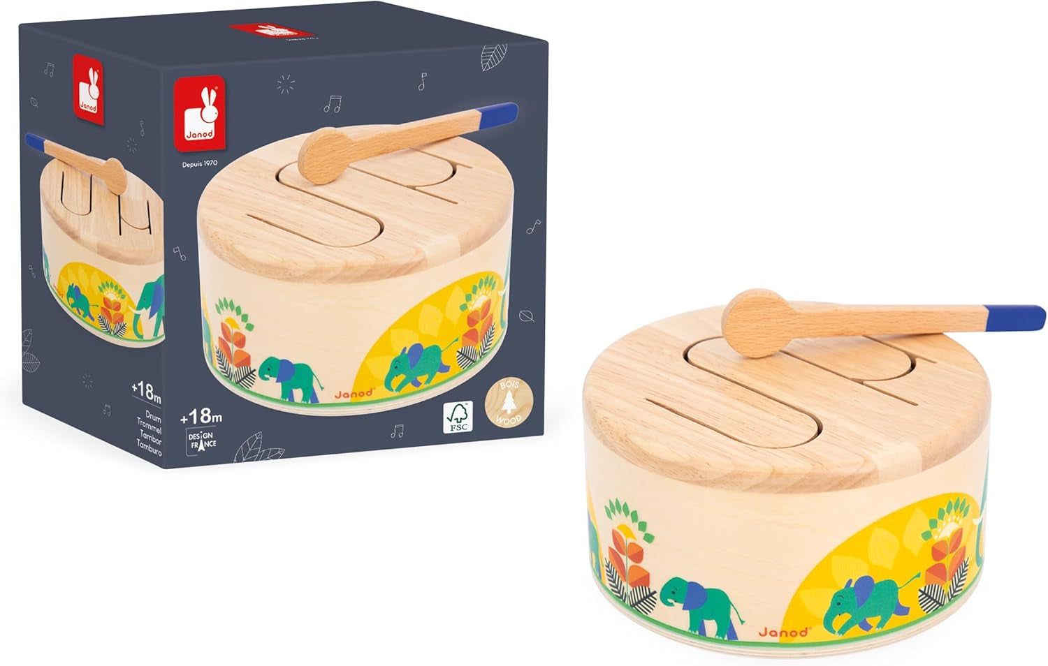 Janod - Gioia Drum - FSC houten trommel + trommel - Rollenspel en vroege muzikale educatie - Aquarel - Vanaf 18 maanden, J07650 Bebe Toys Naty Shop