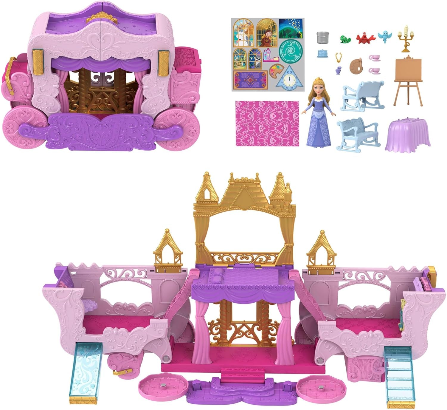 Mattel Disney Princess Transformerende speelset Koets naar kasteel met kleine Aurora-pop, 3 niveaus, 6 speelplekken, 4 figuren, meubels en accessoires HWX17 poppen Naty Shop Meerkleurig