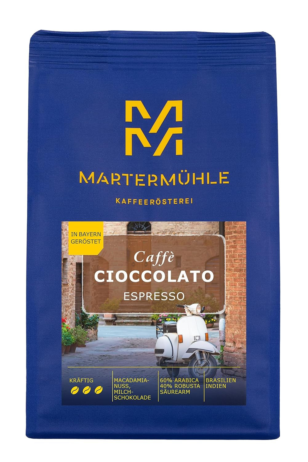 Espressobonen Martermühle Cioccolato 500g Sterk | Arabica/Robusta | Smaken: Macadamianoten, melkchocolade | Licht gebrande hele espressobonen, lage zuurgraad