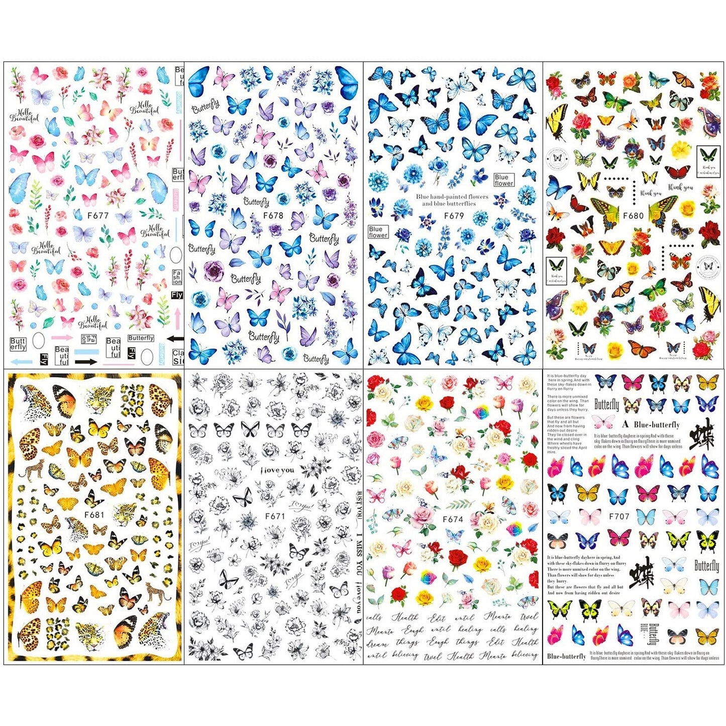 JMEOWIO Nagelsticker Schmetterling 8 Blätter Nagelaufkleber Selbstklebend Blau Schwarz Gold Schmetterling Nail Art Decoratie Nagel Design Zubehör