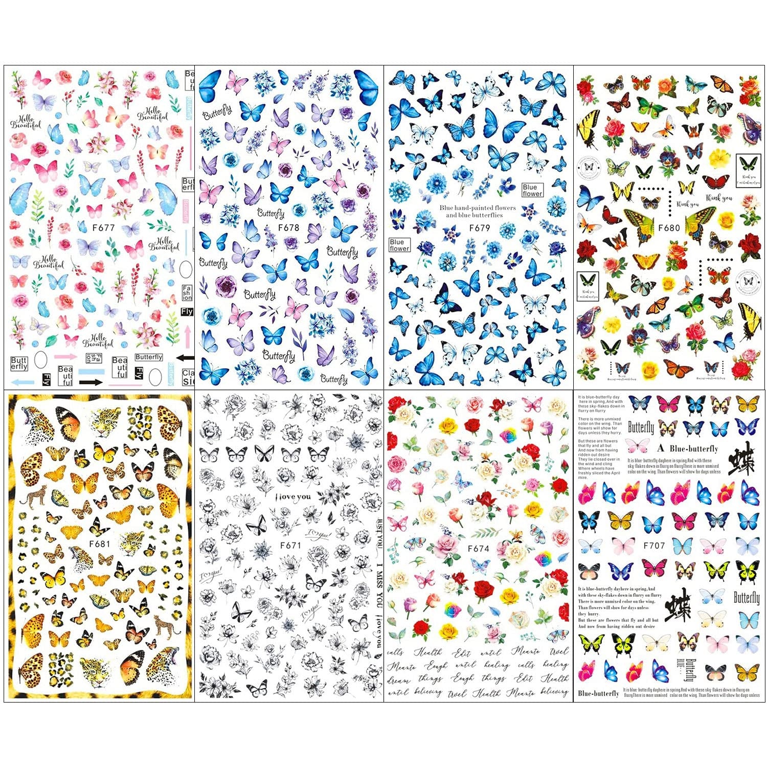JMEOWIO Nagelsticker Schmetterling 8 Blätter Nagelaufkleber Selbstklebend Blau Schwarz Gold Schmetterling Nail Art Decoratie Nagel Design Zubehör