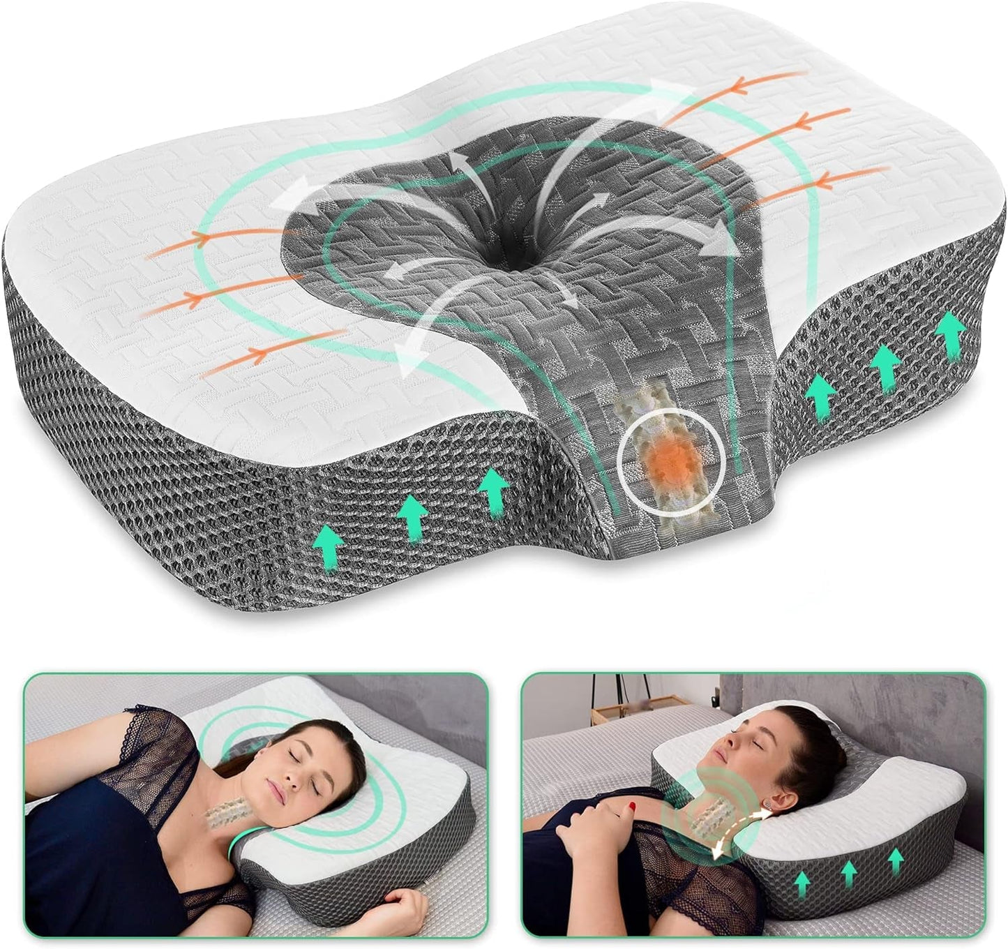 Elviros Orthopedisch kussen van traagschuim, nekpijnkussen, slaapkussen, ergonomisch nekkussen, neksteunkussen, anti-snurkkussen voor zijslapers, buikslapers, witte cervicale orthopedische kussens Naty Shop Wit 60 x 38,6 x 9,9/13,5 cm
