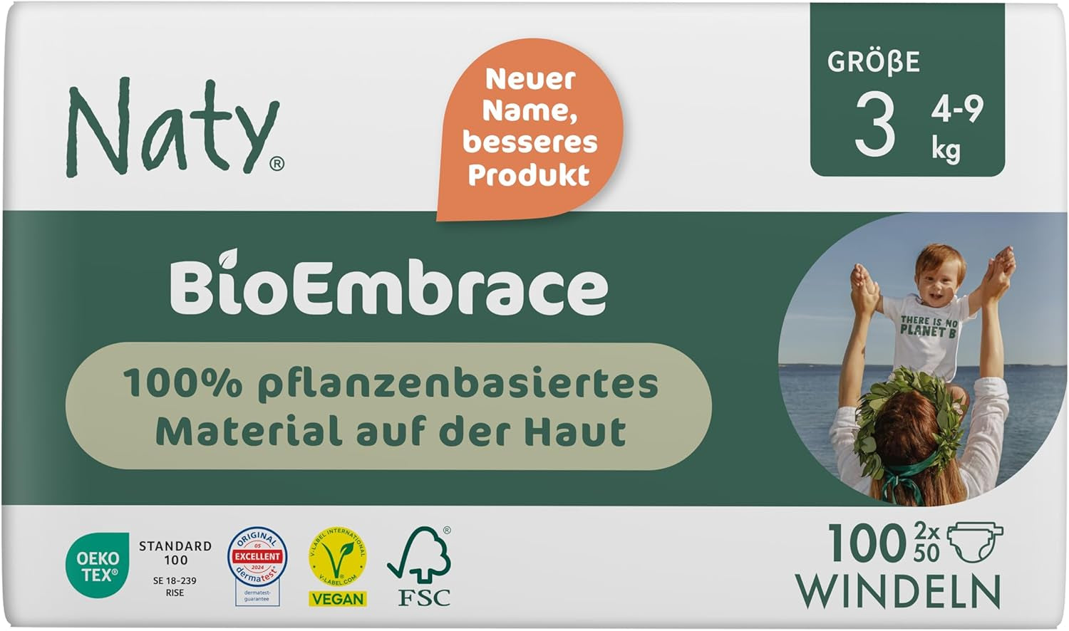 Naty BioEmbrace-babyluiers, maat 3 (4-9 kg) | 100% plantaardige materialen, zacht voor de huid | Ademende zachtheid, dermatologisch getest, uitstekende absorptie | 100 stuks