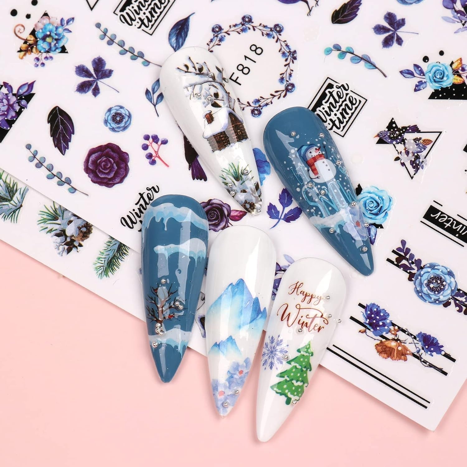 10 Blatt Nagelsticker Weihnachten Nagelaufkleber Selbstklebend Bule White Pine Tree Rentier Nail Art Sticker Decoratie Nageldesign Zubehör