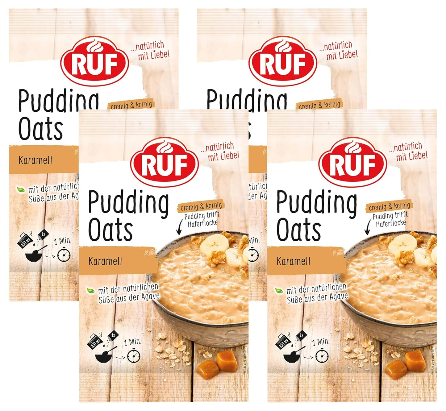 Caramel Oat Pudding, een harmonieuze mix van karamelpudding en volkoren haver, suikervrij, gezoet met agavesiroop, 1 zakje x 64 g (4 stuks)