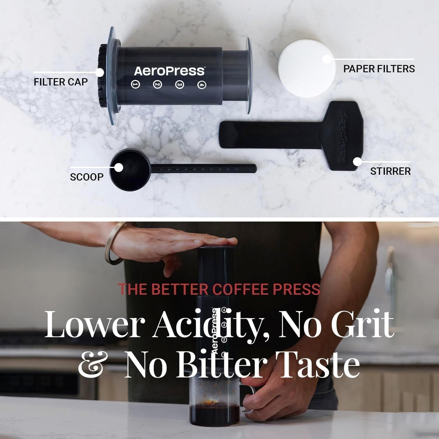 AeroPress origineel koffie- en espressoapparaat, draagbaar barista-koffiezetapparaat met kamer, plunjer en filters, snelkoffie- en espressoapparaat