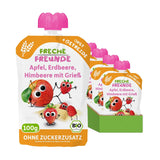 FRECHE FREUNDE Bio Quetschie Apple, Erdbeere, Himbeere mit Grieß, Fruchtmus mit Getreide in Quetschbeutel für Babies vanaf 6 maanden, veganistisch, 6er-pakket (6 x 100 g)