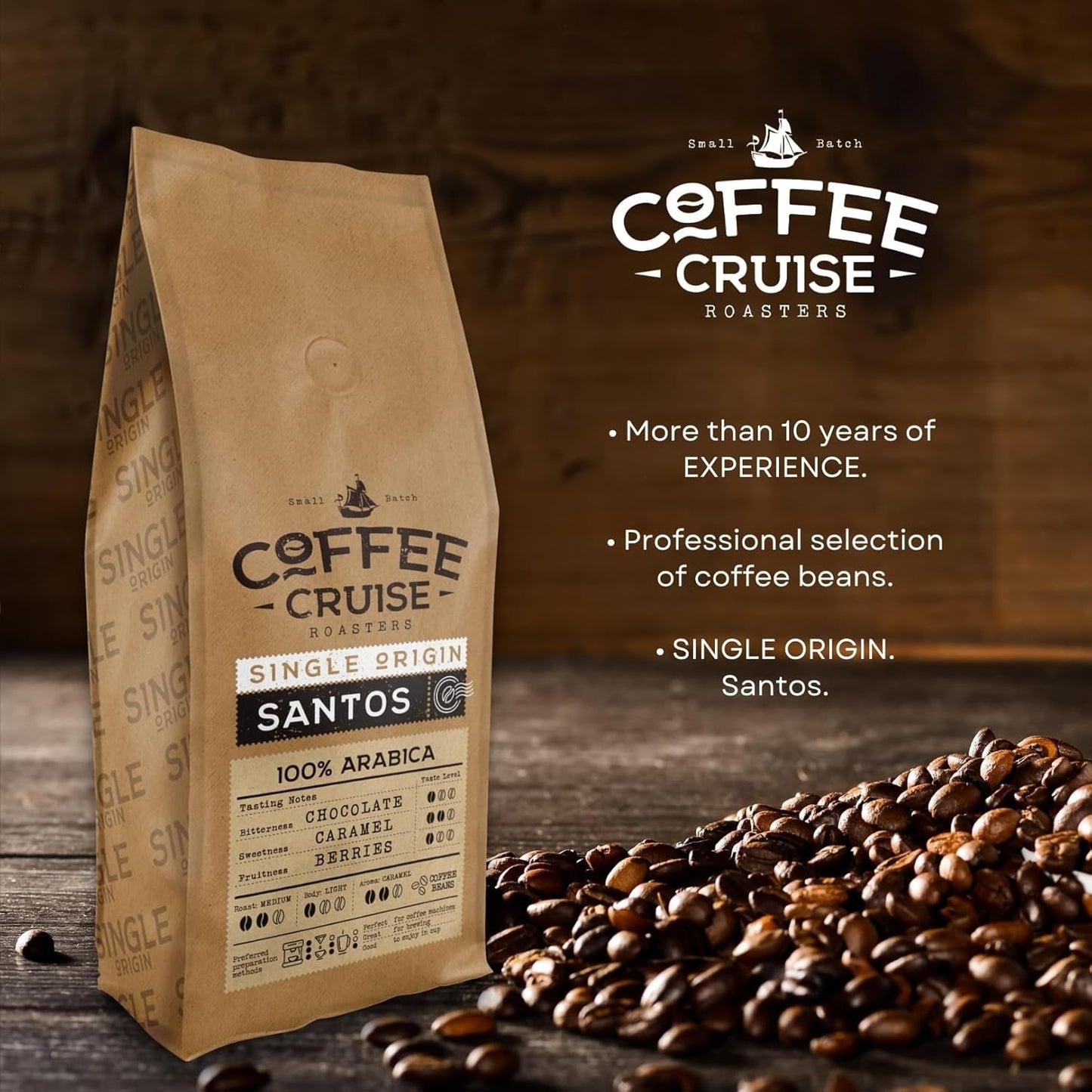 KOFFIECRUISE Santos Kaffeebohnen 1kg - Mittlere Röstung - Aroma Caramel - Für All Kaffeemaschinen - 100% Arabisch