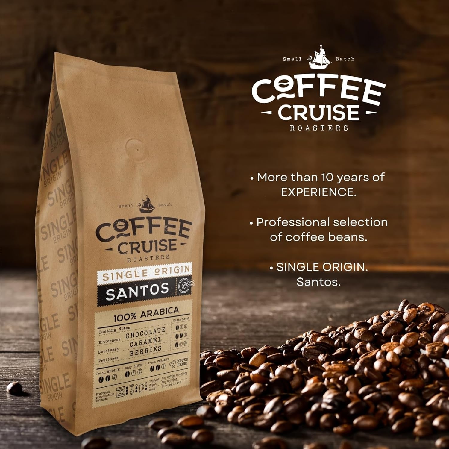 KOFFIECRUISE Santos Kaffeebohnen 1kg - Mittlere Röstung - Aroma Caramel - Für All Kaffeemaschinen - 100% Arabisch