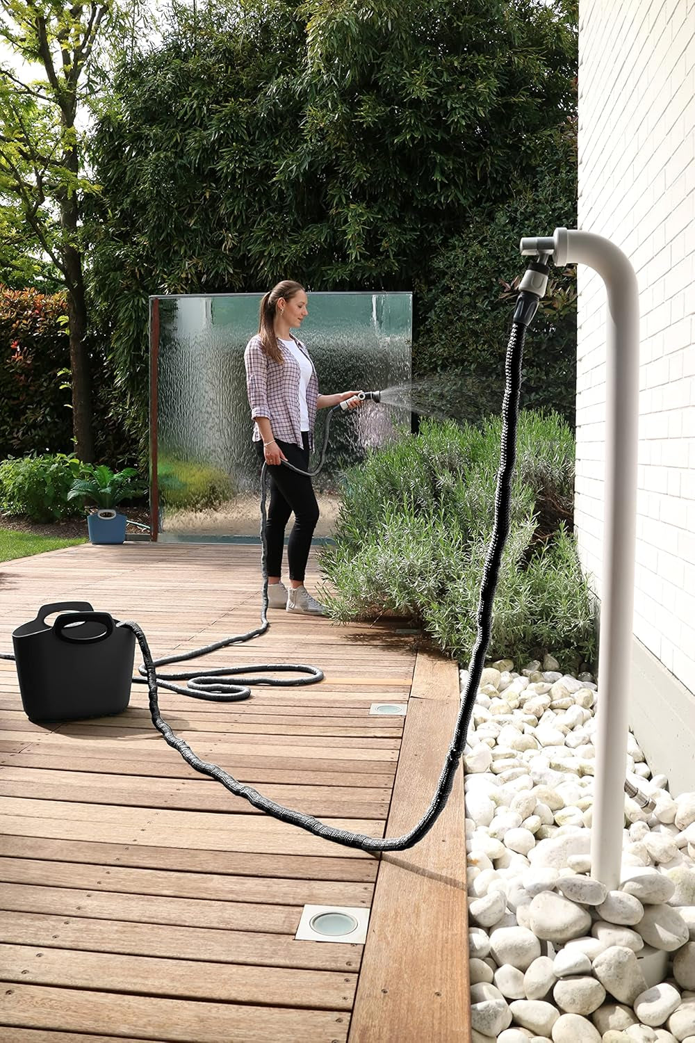 GF SRL, Aquapop Grey Limited Edition met 25 m zelfverlengende textielslang Made in Italy, zachte plastic zak, sproeiers en fittingen Lancia 8 voor tuinirrigatie, donkergrijs