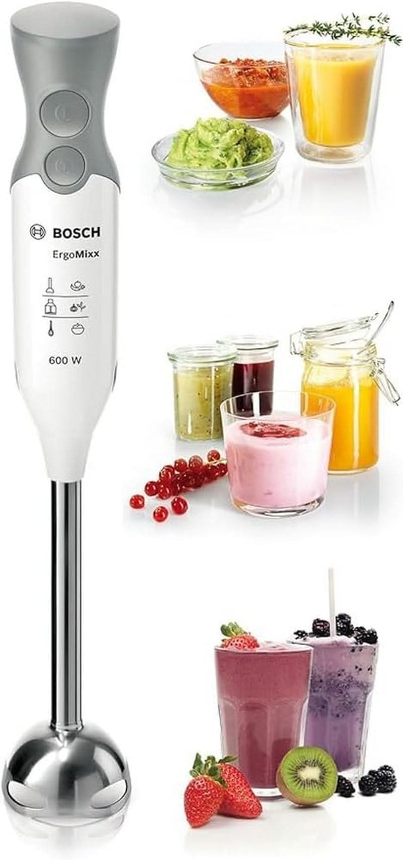 Bosch Stabmixer Ergomixx MSM66110, Edelstahl-Mixfuß, Mix- en Messbecher, 2 Geschwindigkeitsstufen, Leichtes Gehäuse, 4-Klingen-Messer, Einfache Reinigung, 600 W, Weiß/Grau Kitchen Naty Shop