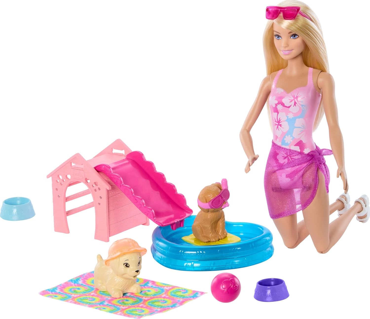 Barbie Puppy Pool Party-speelset met modepop, hondenhuis en glijbaan, hartzwembad, 2 hondenfiguren, 6 accessoires en kleurwisselaar, JBF35