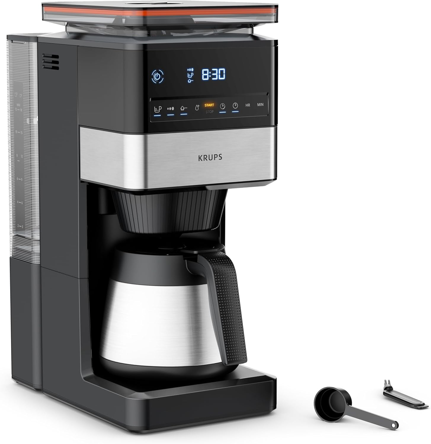 KRUPS Grind Aroma XL espressomachine, afneembare conische molen, digitaal bedieningspaneel, XL-capaciteit (1,5 l), warmhoudfunctie, glazen karaf, zwart/roestvrij staal, KM842810