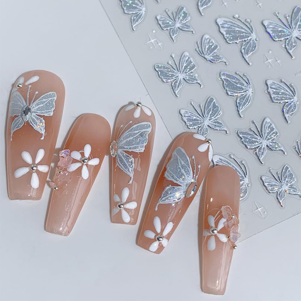 Aurora Muschel Schmetterling Nagelsticker Weiß Schmetterlinge Nagelsticker Gelee Relief Butterfly Nagelaufkleber Y2K Vlinders Nagelsticker Nägel Nageldesign Nagel Zubehör Nail Art Stickers Nailart