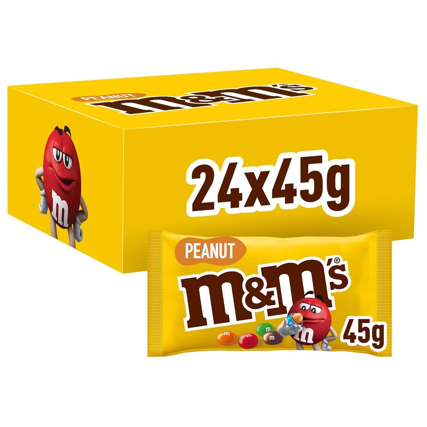 M&M's Pinda Chocolade Bulkverpakking 24 x 45g Chocolade Pinda Smaak Linzen Chocolade Cadeau (1080g) Ideaal als traktatie met voetbalthema