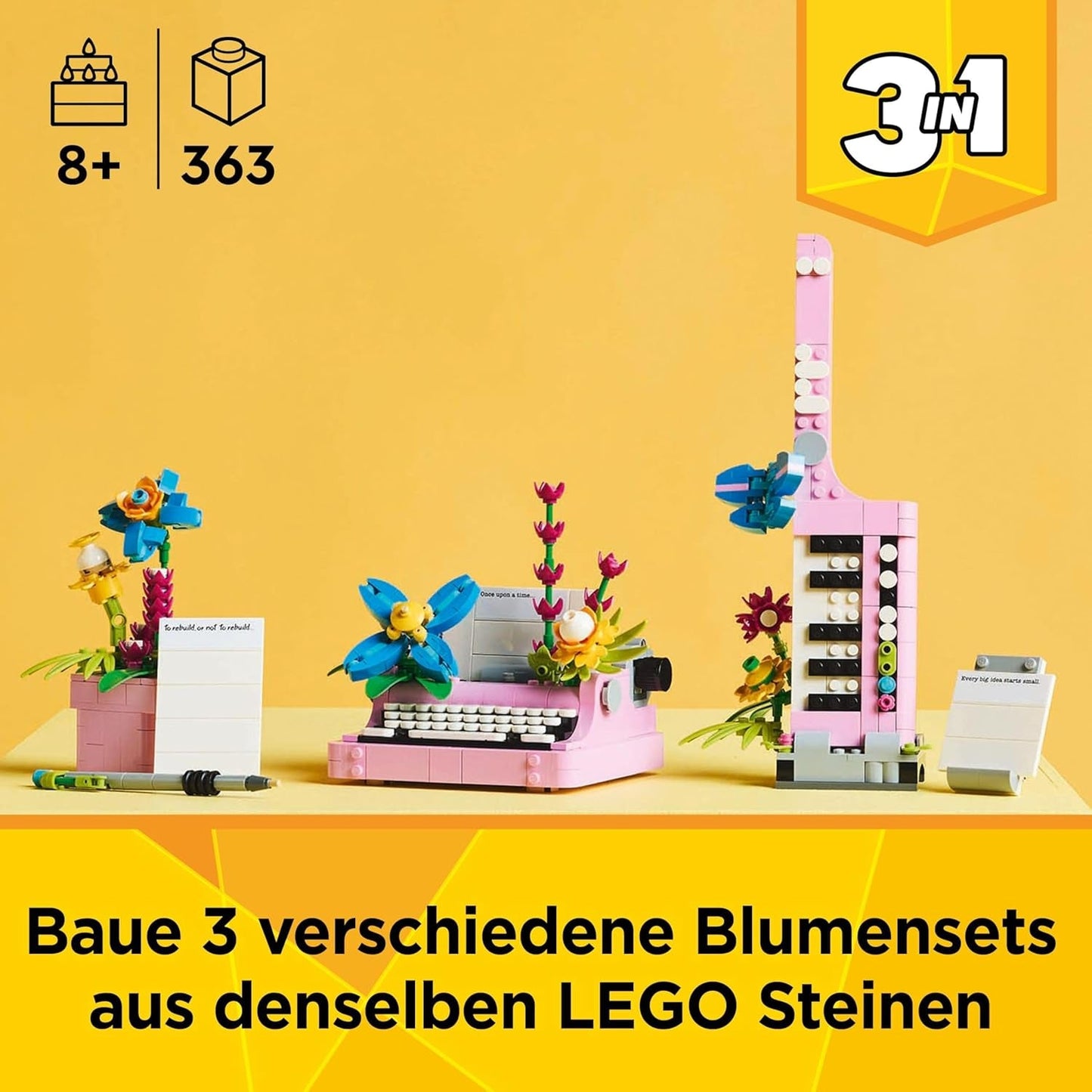 LEGO Creator 3In1 Typemachine met bloemen - speelgoed om te bouwen tot Keytar-model of tot bloempot met notitieboekje en pen - bouwset - cadeau voor meisjes en jongens vanaf 8 jaar 31169 Bouwsets Besuche den LEGO-Store