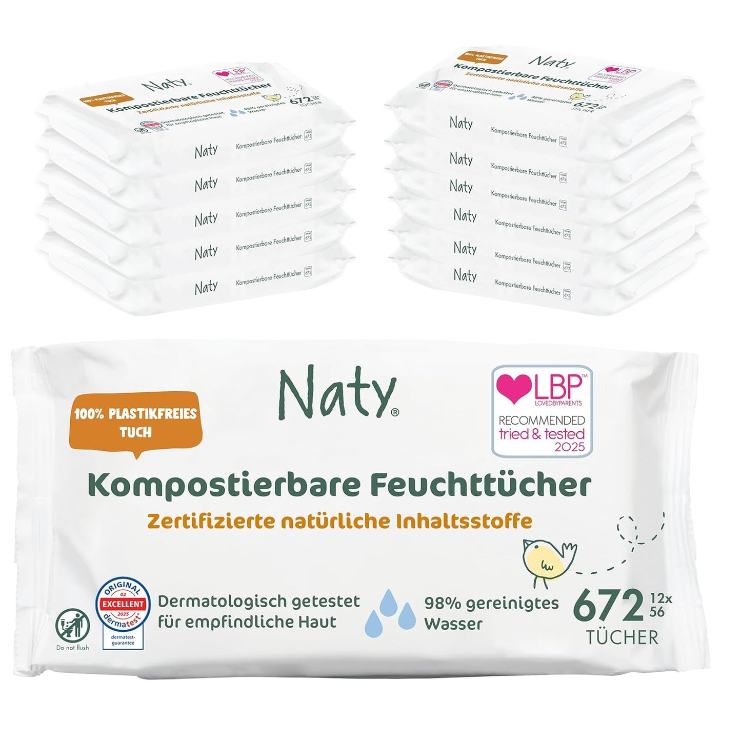 Naty Babydoekjes | 100% kruiden- en geurvrij voor de gevoelige huid | Plasticvrije en gecertificeerde composteerbare doekjes met 98% gezuiverd water | 672 doekjes (12 pakjes)