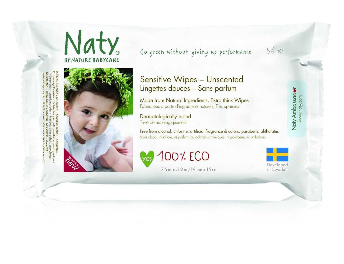 Eco by Naty Baby Care, Biologische vochtige doekjes voor baby's, ongeparfumeerd, 56 luiers