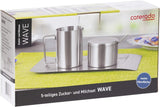 Set van 4 melk- en suikercontainers, model Wave, 400-1655, gemaakt van geborsteld 18/10 roestvrij staal. De set bestaat uit één dienblad van elk.