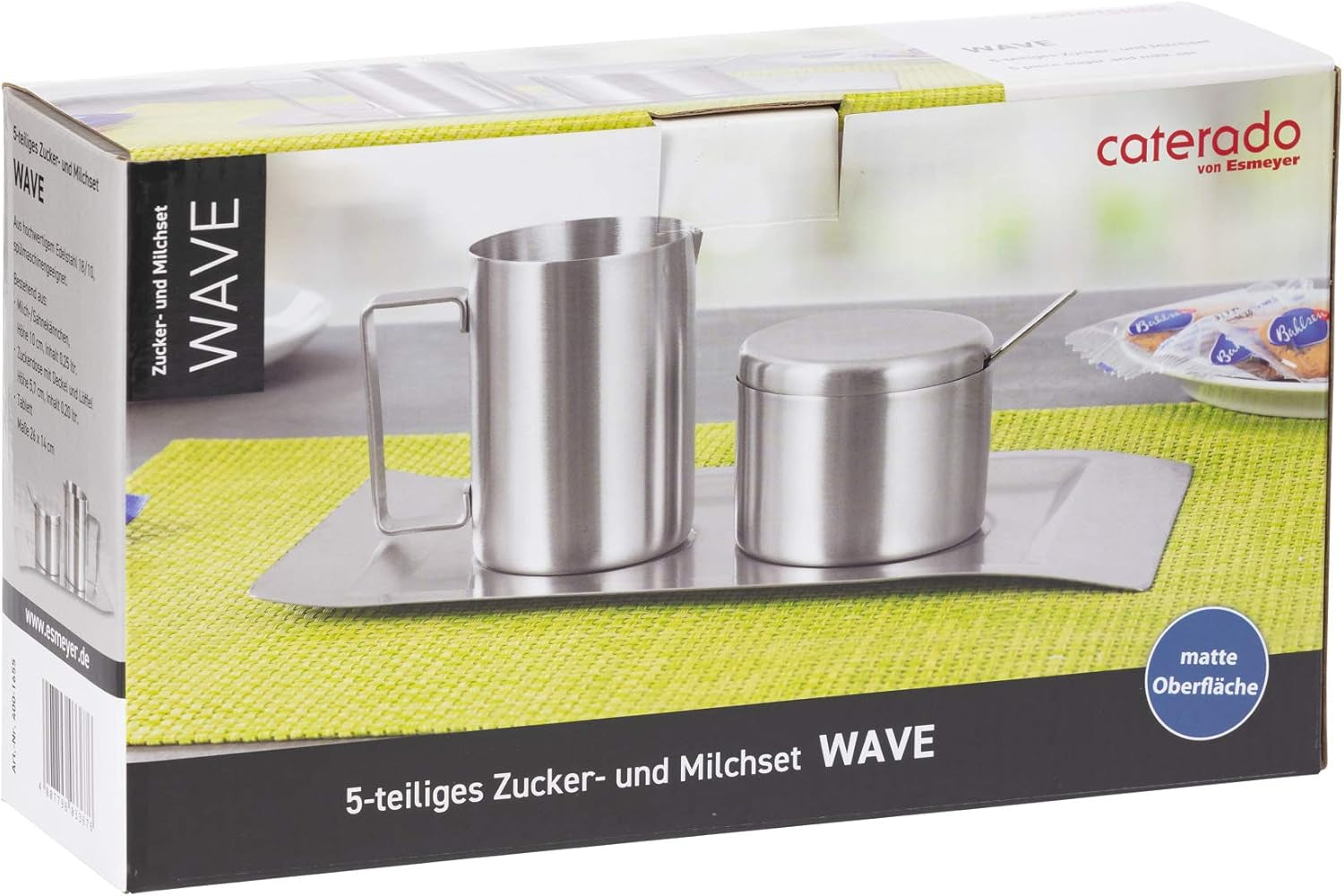 Set van 4 melk- en suikercontainers, model Wave, 400-1655, gemaakt van geborsteld 18/10 roestvrij staal. De set bestaat uit één dienblad van elk.